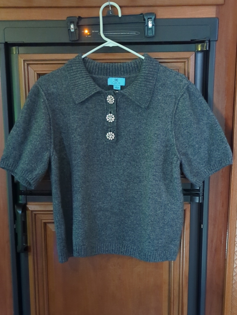 CeCe Grey Rhinestone Button Sweater L